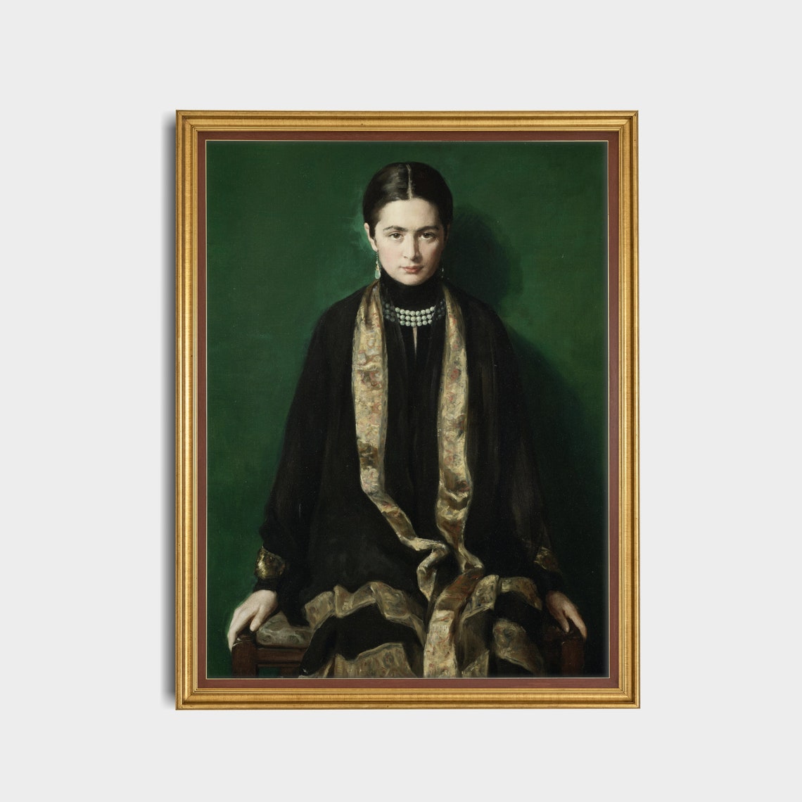 Young Woman In Black Dress With Pearls On Emerald Green Ground Poster - Image 5