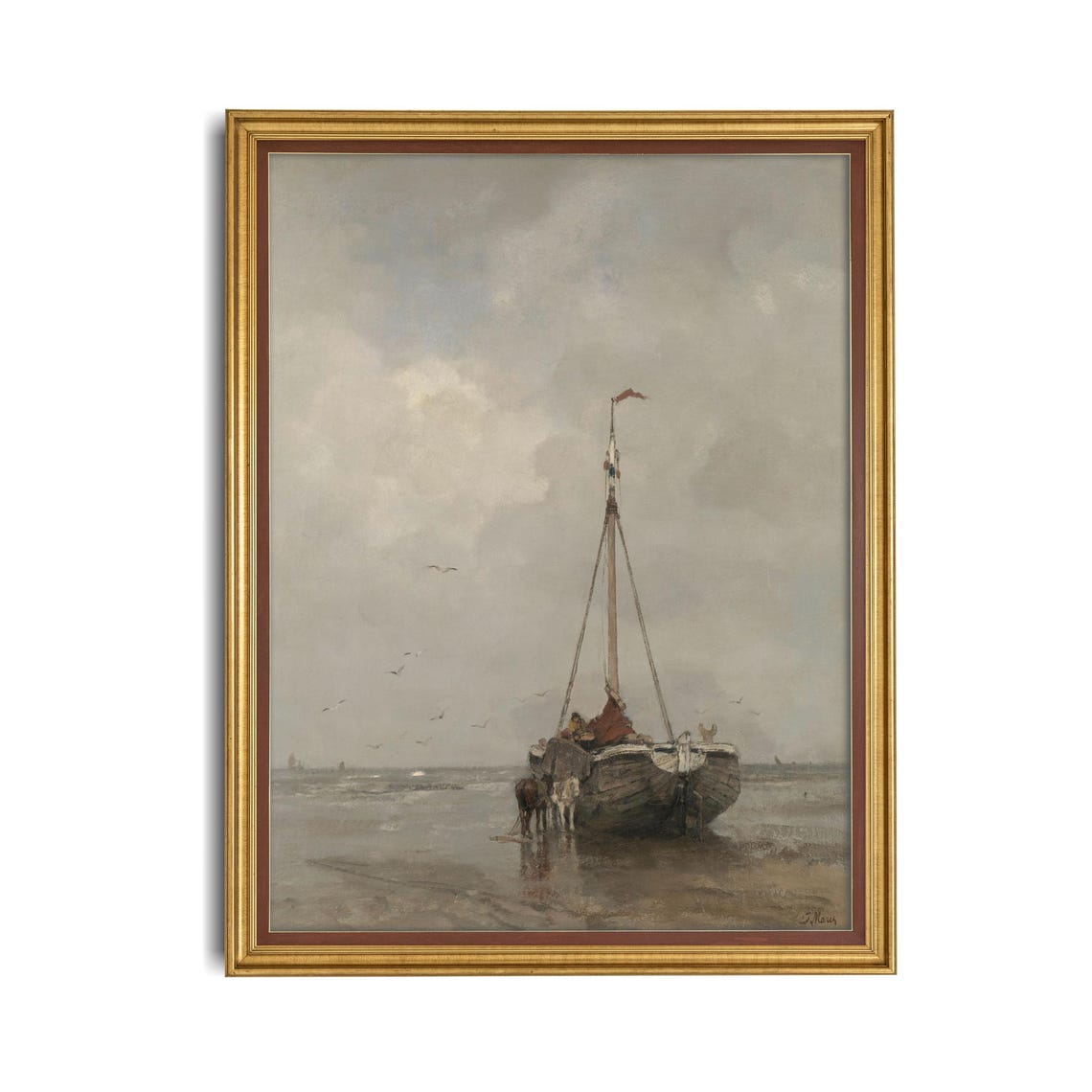 Fishing Boat Anchored on a Misty Beach at Low Tide Seascape Poster - Image 4