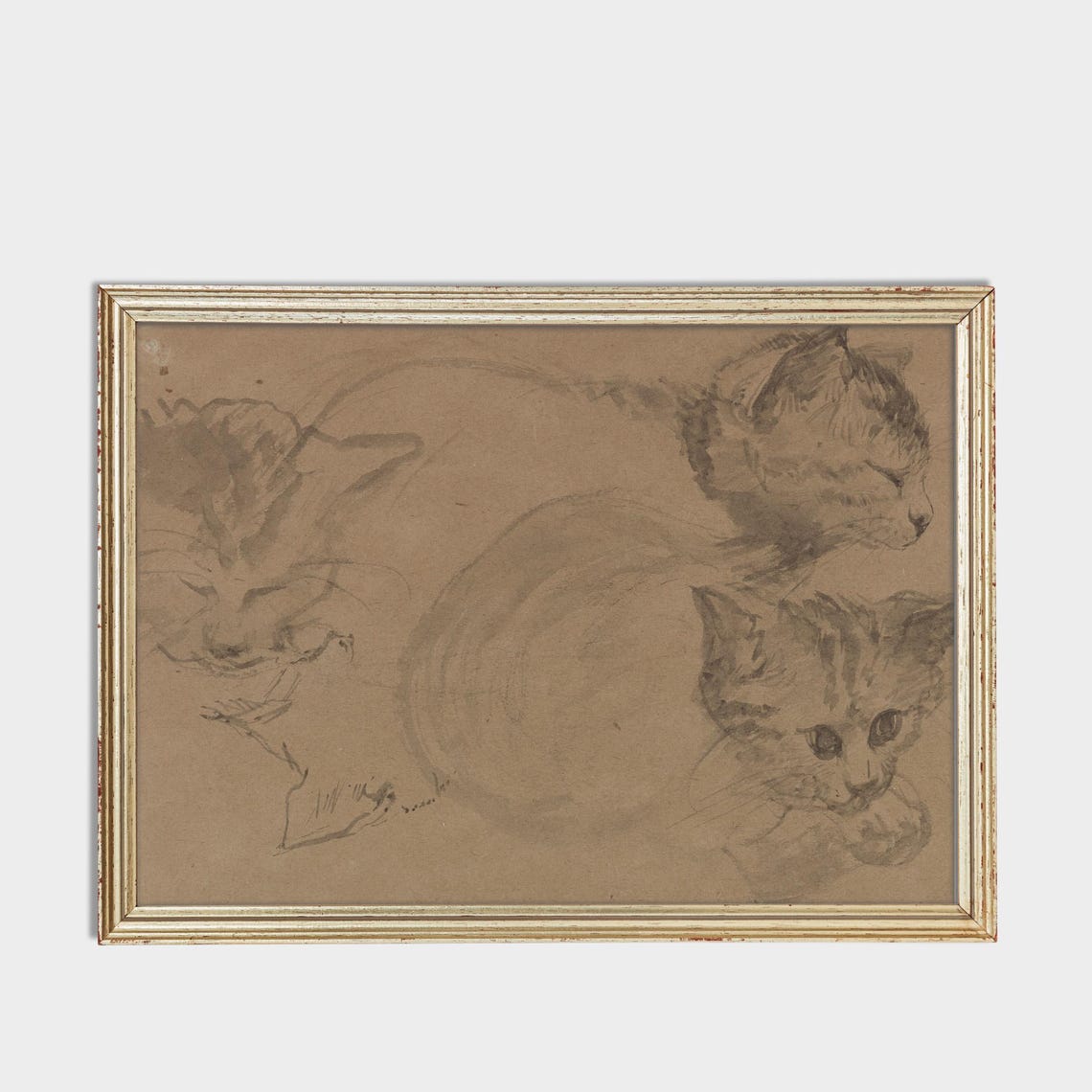Three Cats Sketch Study Vintage Feline Pencil Drawing Poster - Image 4
