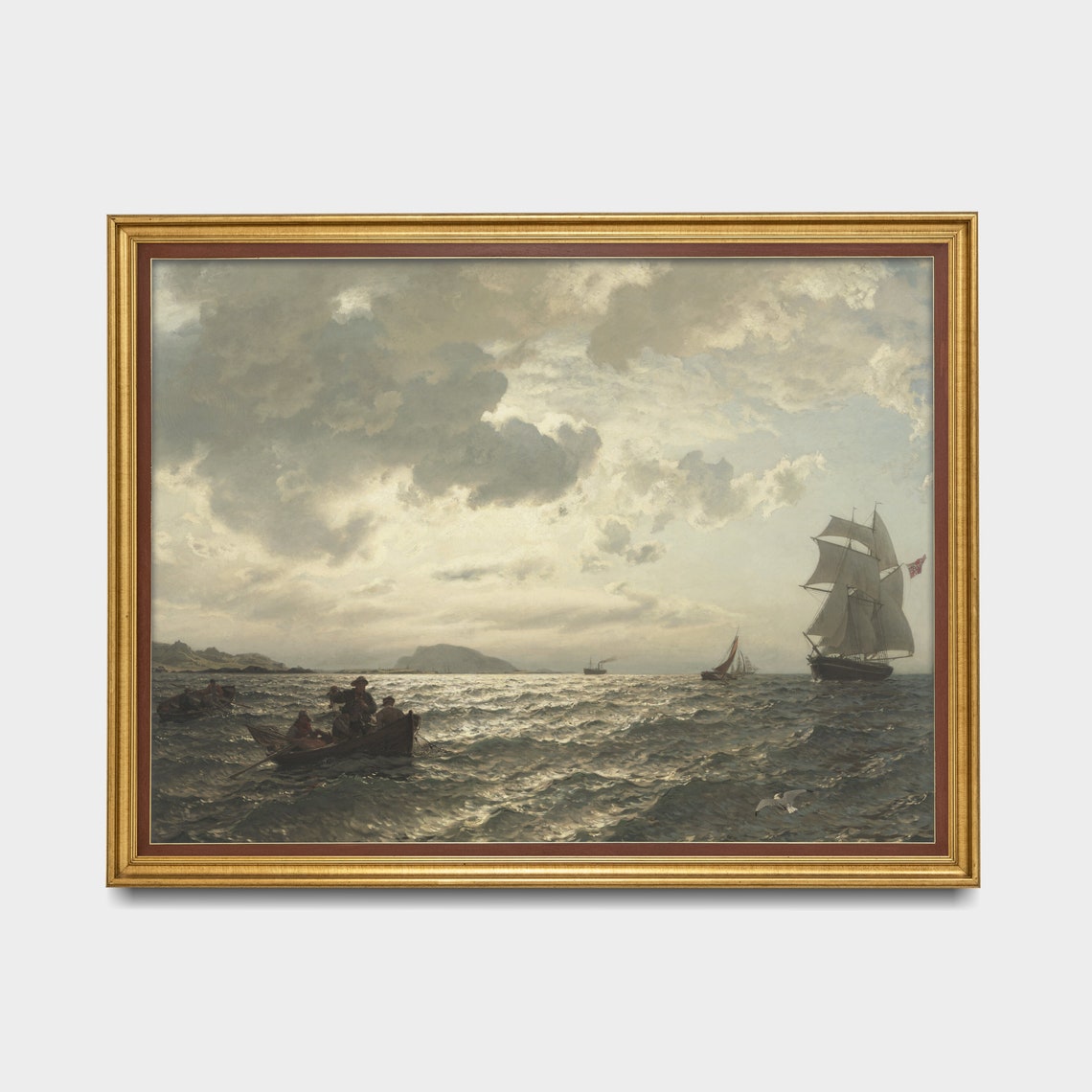 Vintage Sailing Ship Painting Antique Seascape Print Rustic Ocean Beach Art Nautical Decor Wall Art - Image 5