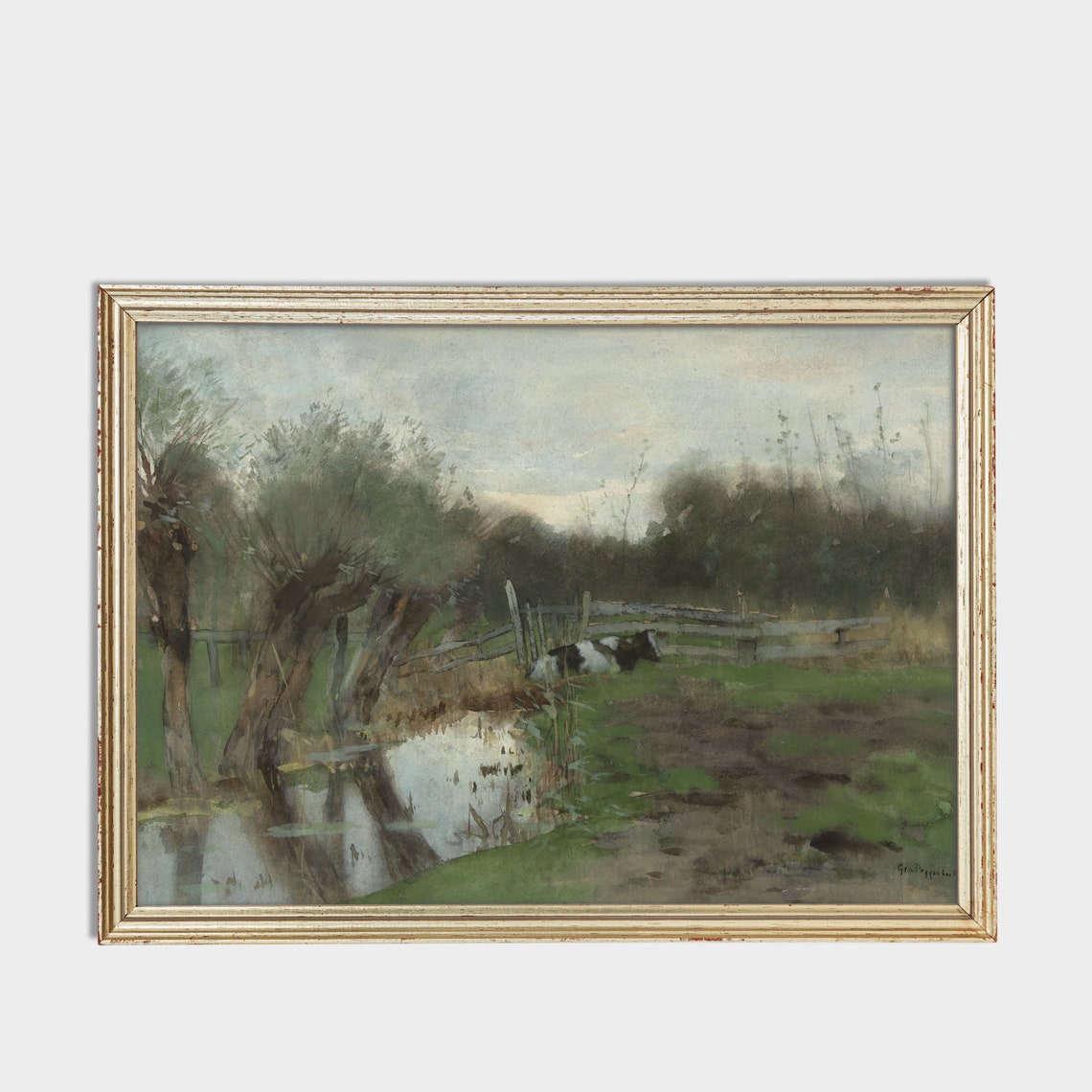 Cow By Willow Lined Stream Vintage Dutch Meadow Painting Poster - Image 2