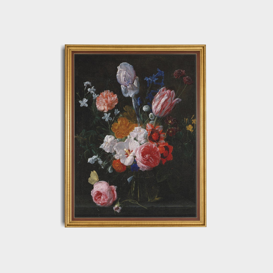 Dark Floral Still Life Bouquet with Tulips and Irises Poster - Image 2
