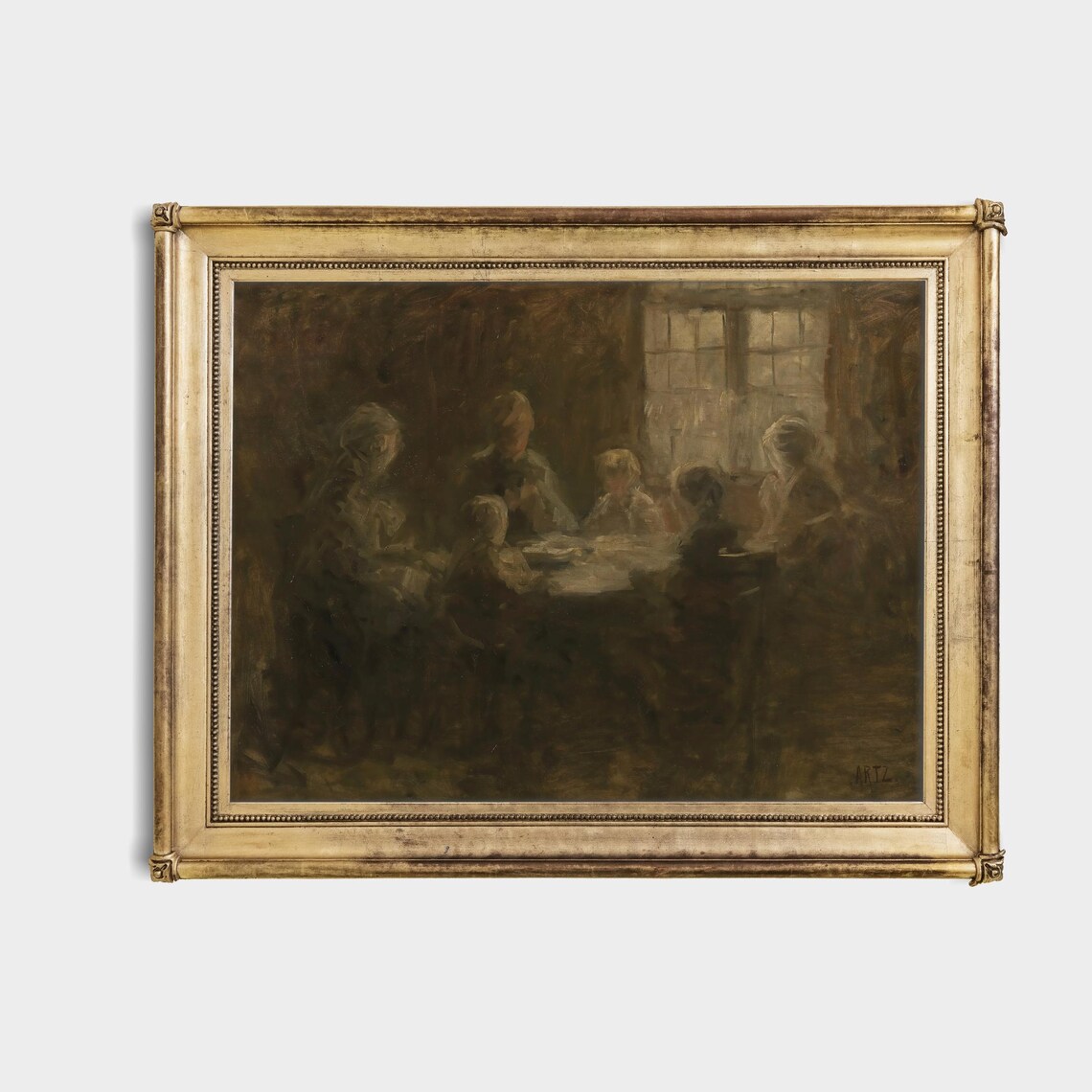 Devout Family Praying Together Moody Antique Figurative Oil Poster - Image 4