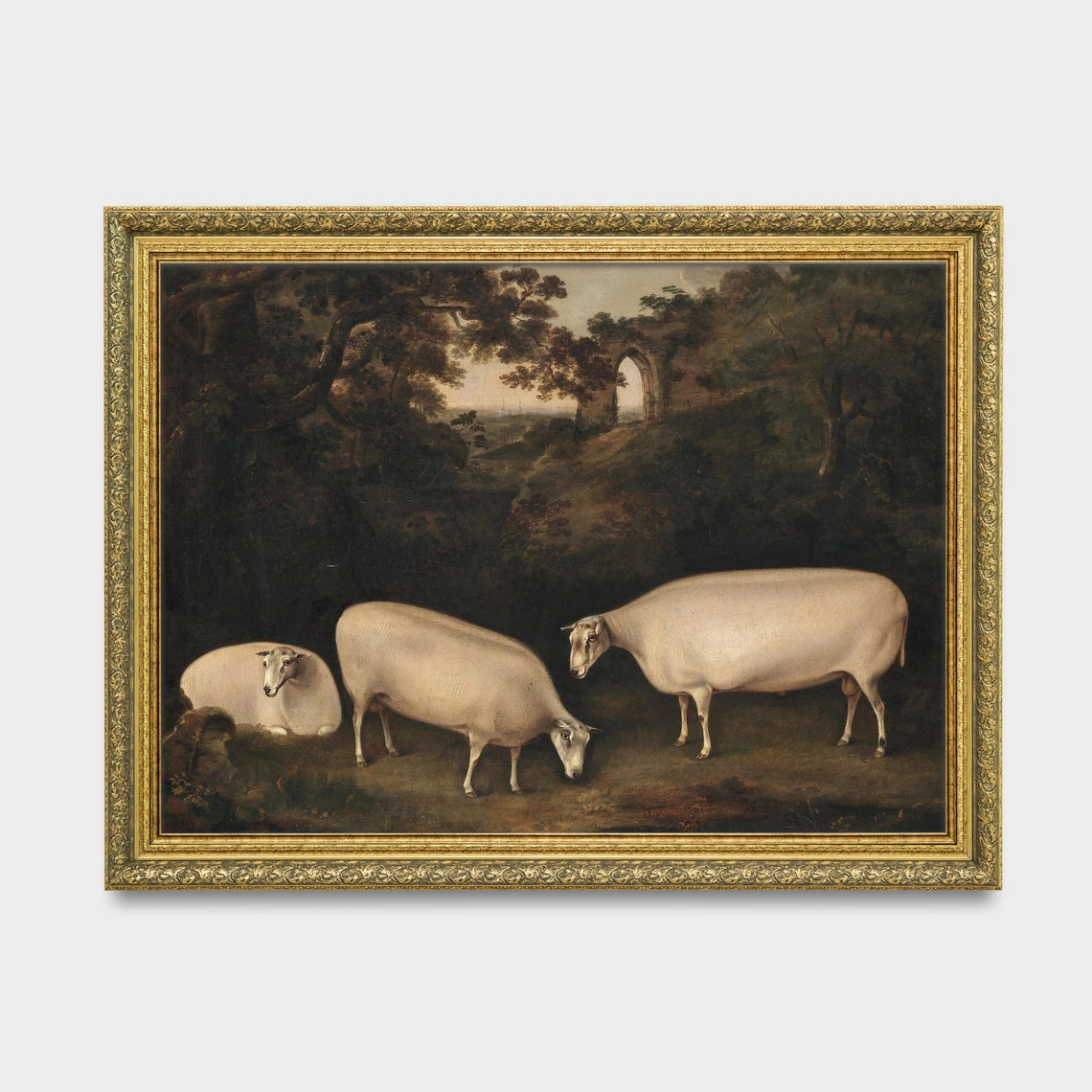 Three Sheep Grazing by Ruined Abbey Moody Antique Animal Art Print - Image 3