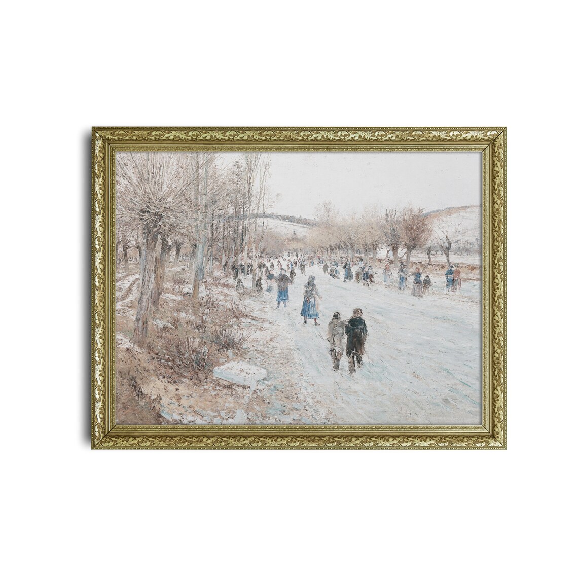 Villagers Walking On Snowy Road Antique Winter Village Poster - Image 2
