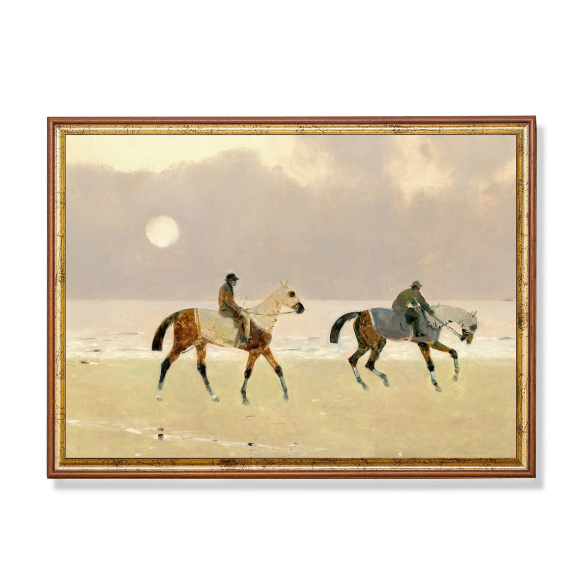 Two Riders Horses Walking Beach Misty Dawn Vintage Equestrian Poster