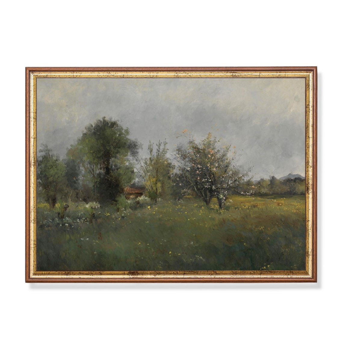 Green Meadow with Trees and a Distant Farm Vintage Landscape Poster