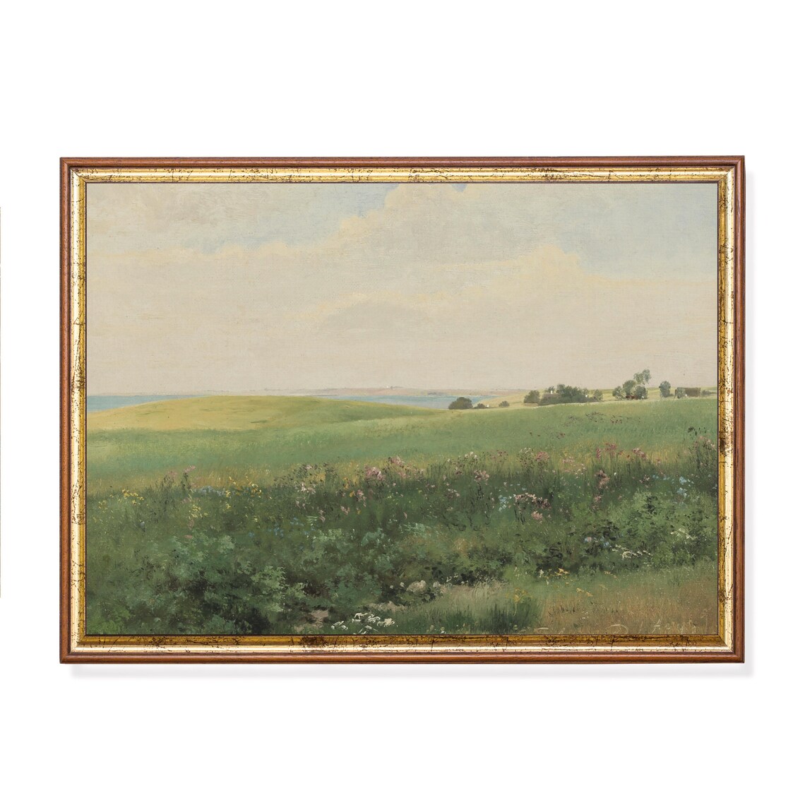 Antique Coastal Meadow Landscape With Wildflowers by the Sea Poster