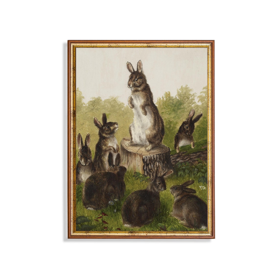 Rabbits Gathering around Tree Stump Vintage Animal Painting Poster