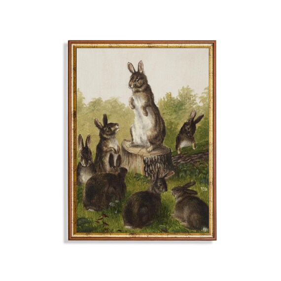 Rabbits Gathering around Tree Stump Vintage Animal Painting Poster