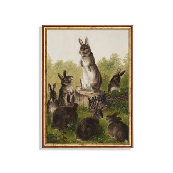 Vintage Rabbit Painting, 18th Century Farmhouse Art Print