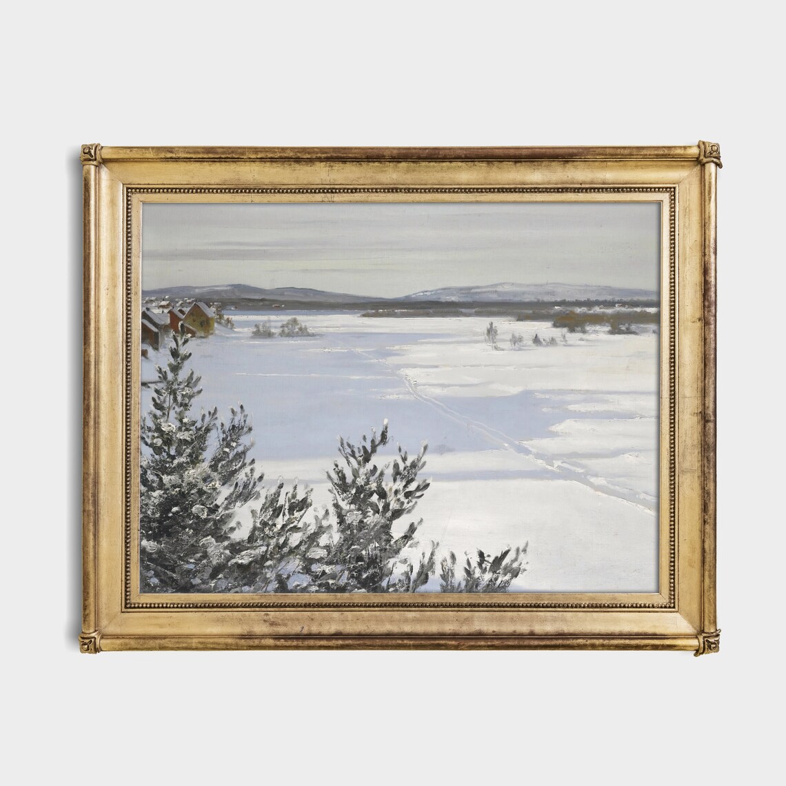 Snowy Village by Frozen Lake Winter Landscape with Pines Poster - Image 2