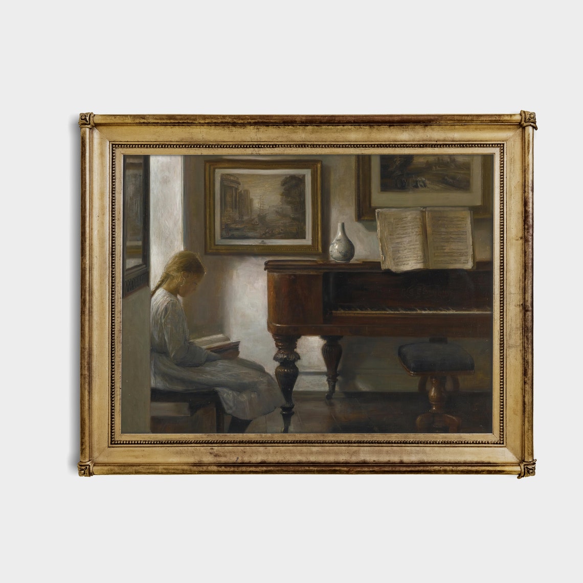 Young Girl Reading Beside Grand Piano Vintage Interior Scene Poster - Image 4