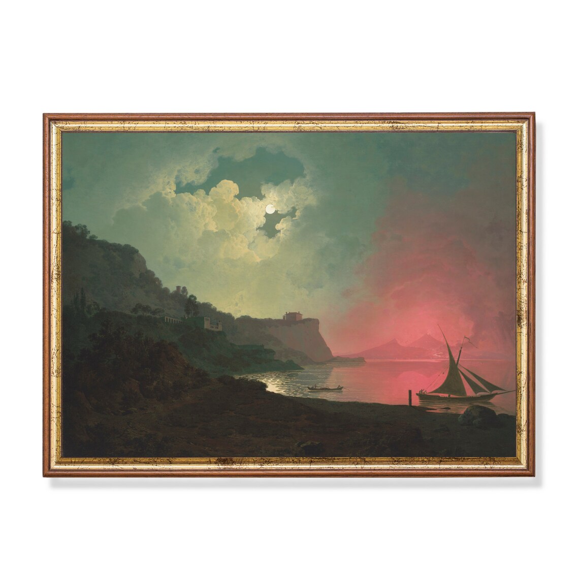 Vintage Landscape Painting, Moody Sailing Boat Nocturne