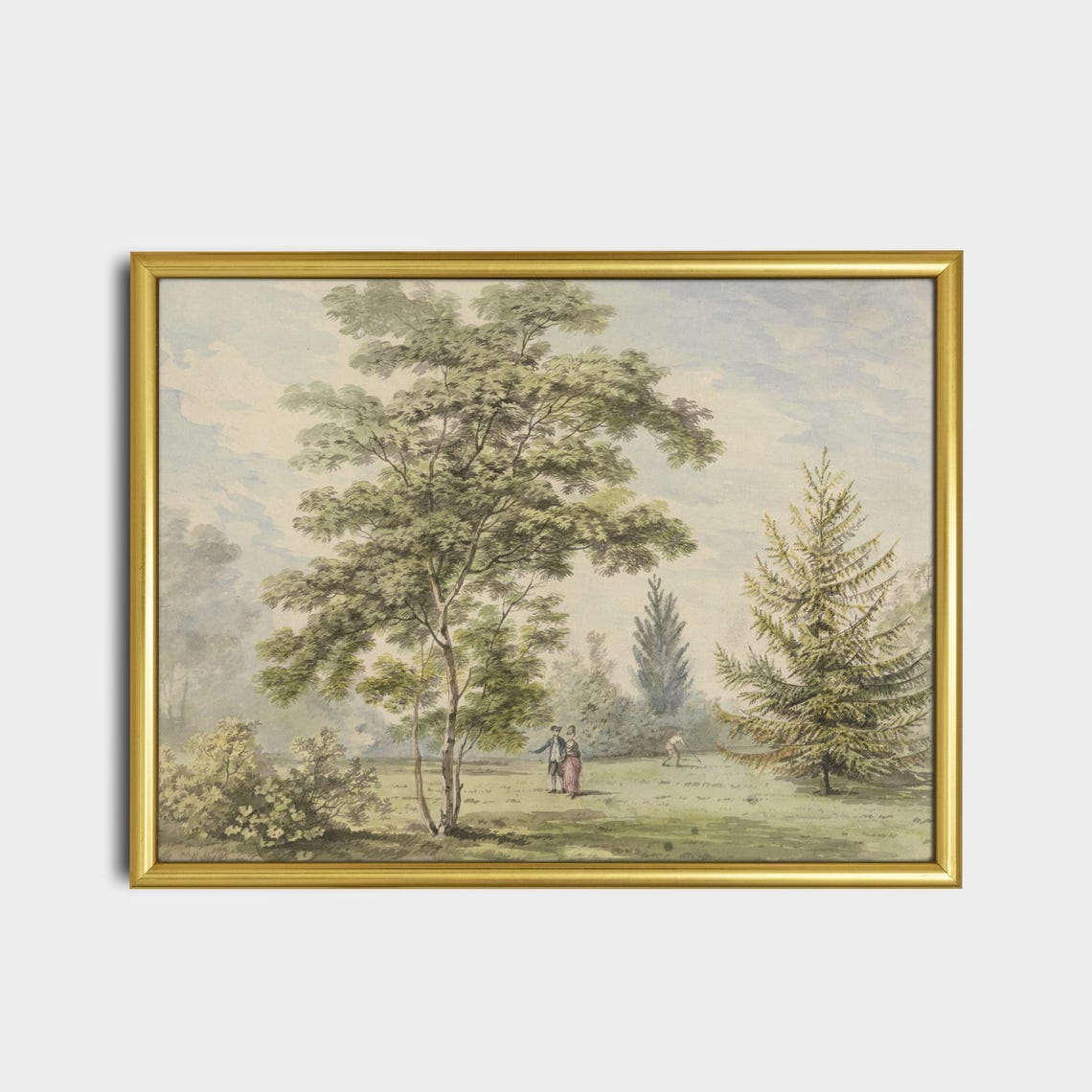 18th Century Park Strolling Couple Among Trees Watercolor Poster - Image 2