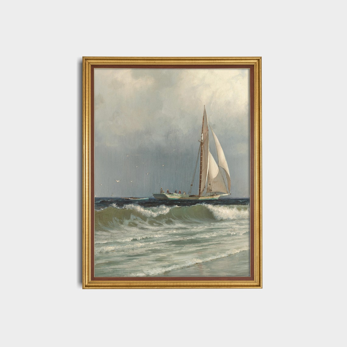Tall Sloop Sailing Through Ocean Waves Vintage Seascape Oil Poster - Image 3