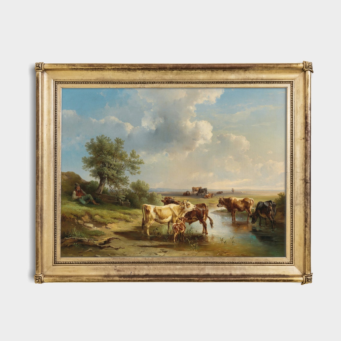 Cows Watering at a River Pastoral Scene Vintage Farm Painting Poster - Image 2