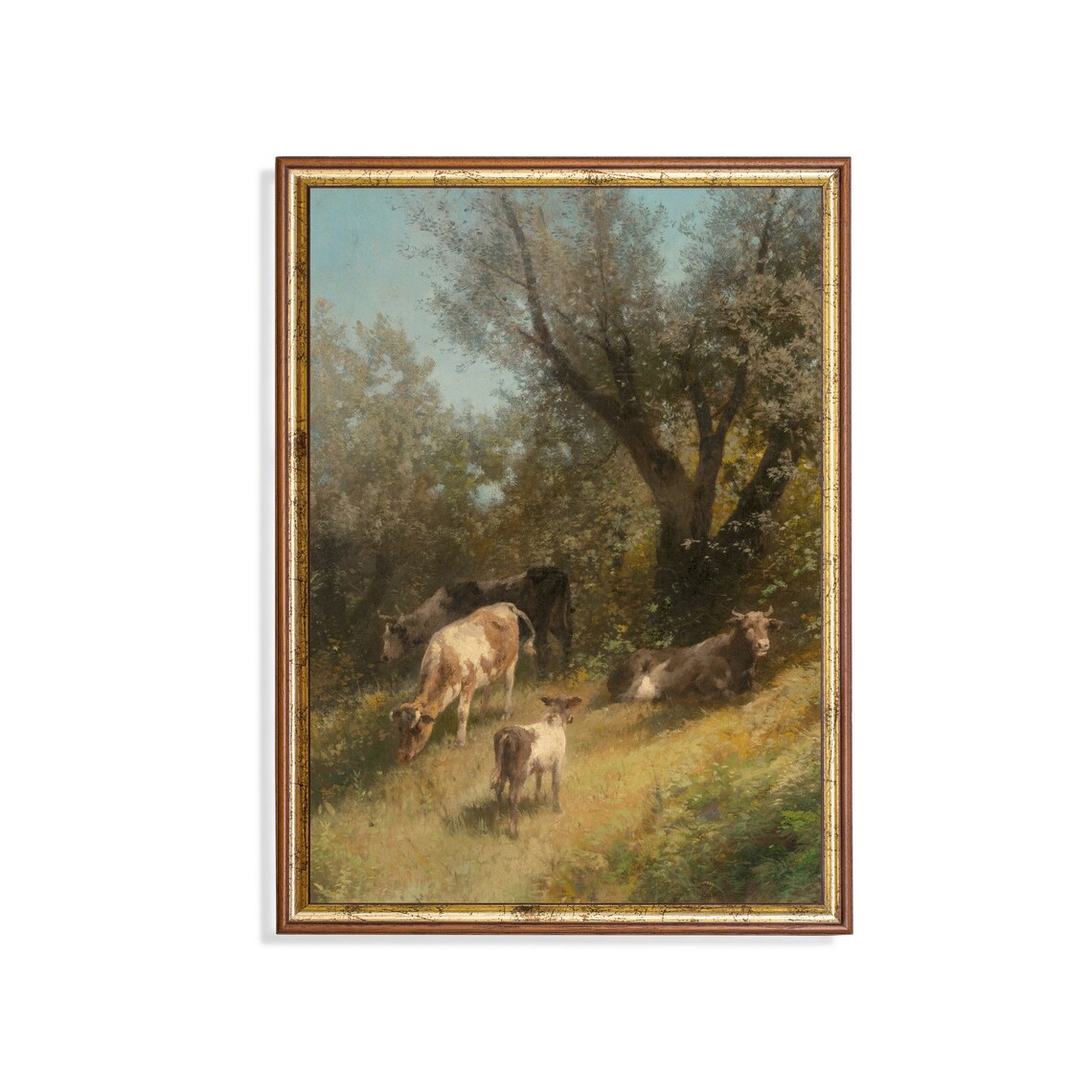Vintage Grazing Cows Art Print, Country Landscape