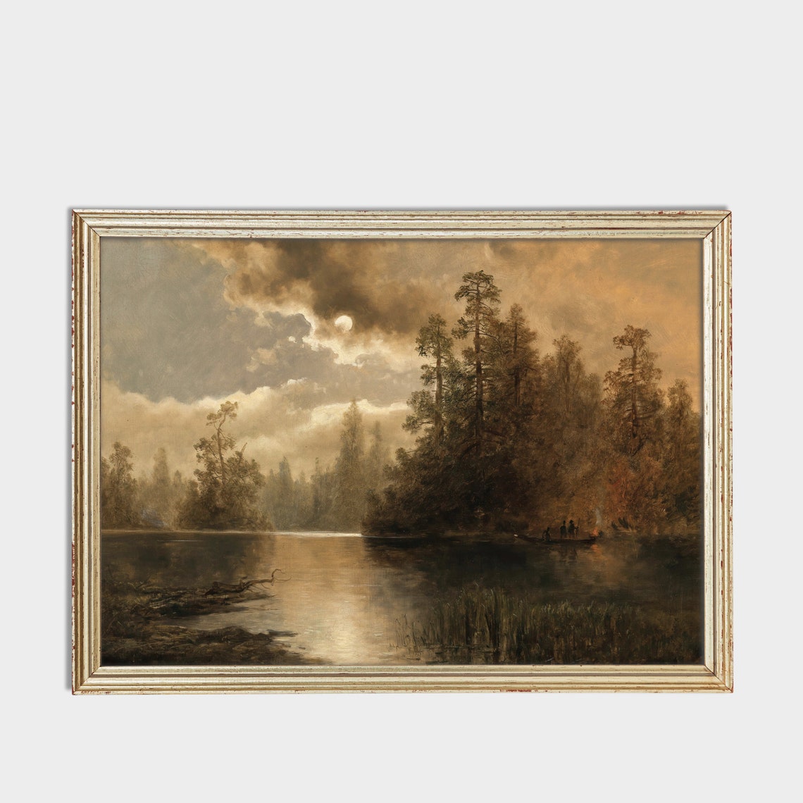 Moonlit Lake with Tall Pines and a Small Canoe Vintage Poster - Image 3