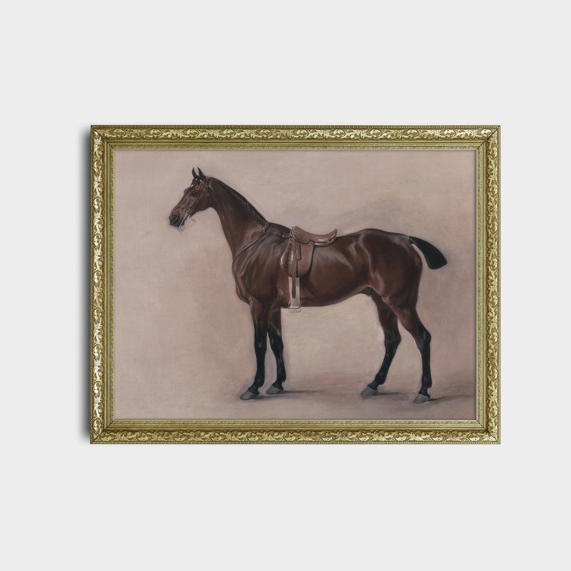 Saddled Bay Horse Standing Profile Antique Equestrian Painting Poster - Image 2