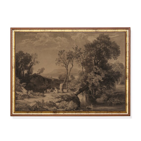 Print And Ship Landscape Sketch Print Vintage Drawing Moody Rustic Country Decor Antique Painting Forest Nature Art Mailed Art