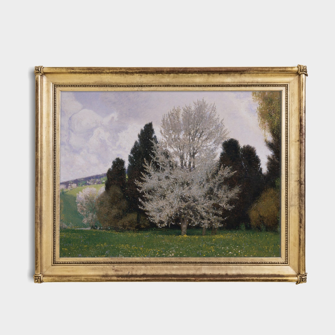 White Blossom Trees in a Spring Meadow Landscape Painting Poster - Image 3