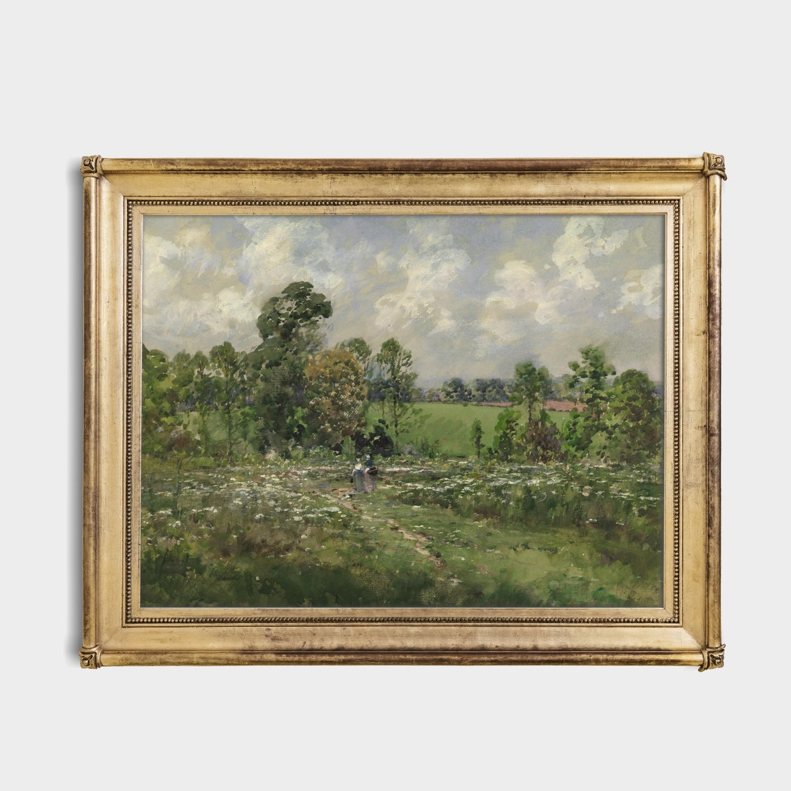 Two Figures Strolling a Summer Meadow Antique Painting Poster - Image 3