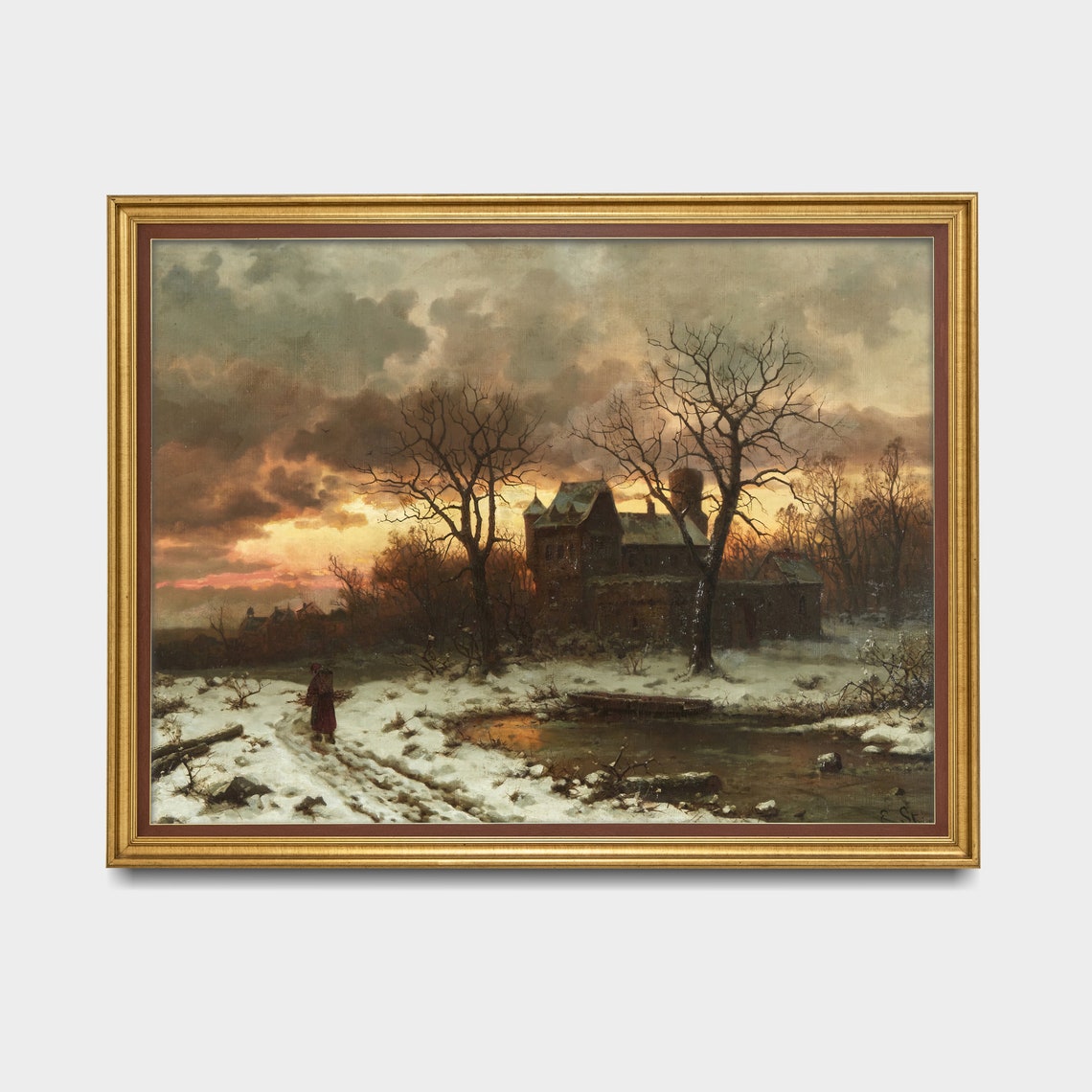 Winter Sunset Over a Snowy Mill Scene Vintage Landscape Poster - Image 3