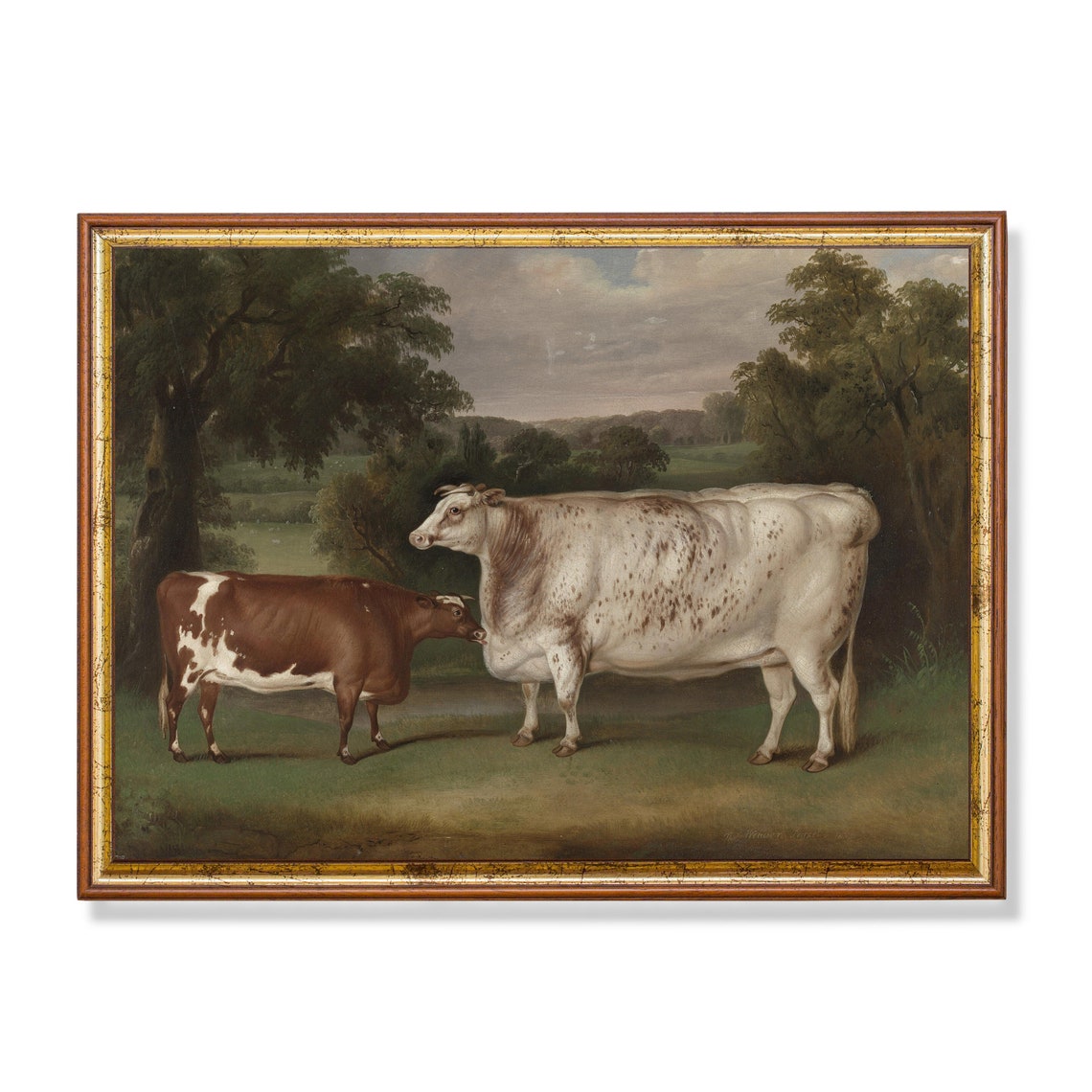 Pastoral Scene with Two Cows in a Green Meadow Vintage Oil Poster