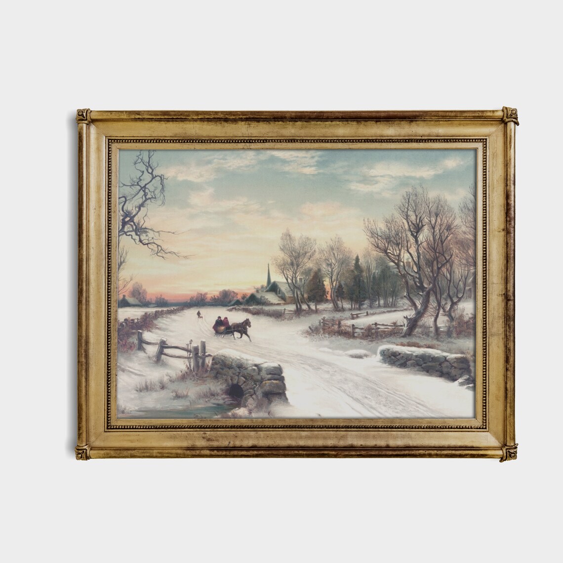 Horse Drawn Sleigh on a Snowy Road at Sunset Vintage Winter Poster - Image 2