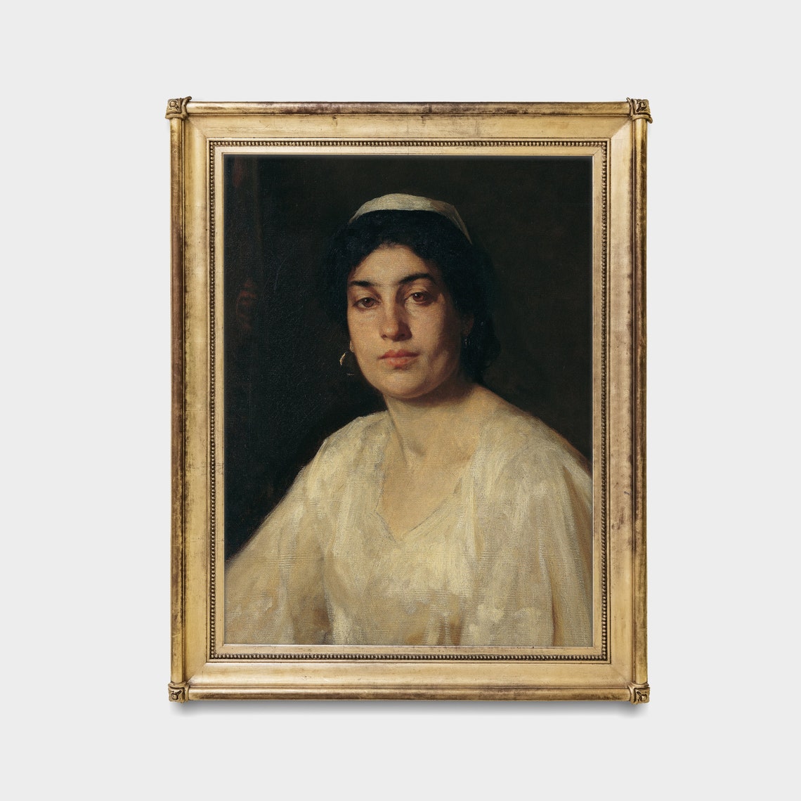 Dark Haired Woman in a White Blouse With a Headband Moody Poster - Image 2
