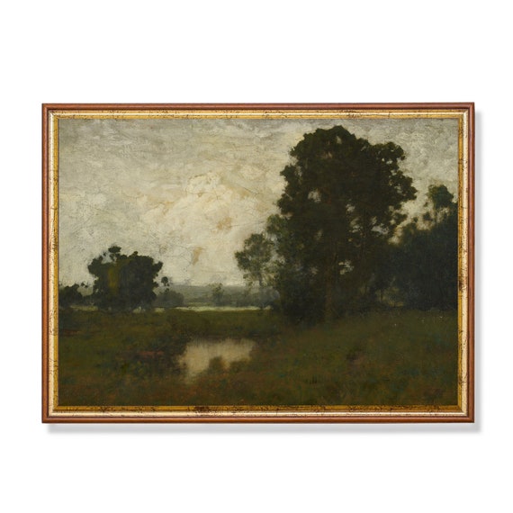 Mailed Print Vintage Oil Painting Print Meadow Landscape Print Moody Antique Forest Art Nature Rustic Art Print And Ship