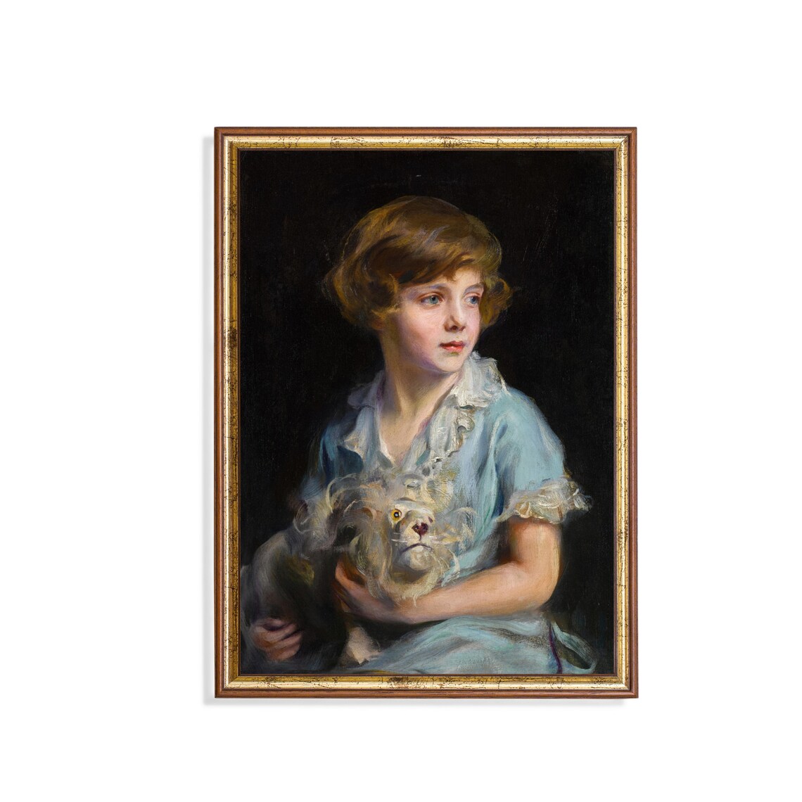 Child And Dog Portrait Painting Moody Vintage Antique European Print Over Bed Art Dark Academia Art