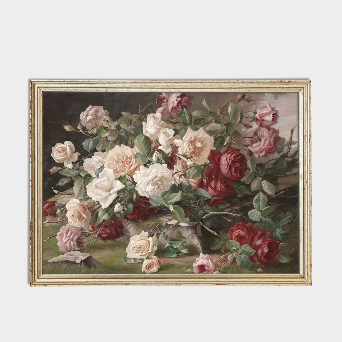 White Pink and Red Roses Classic Oil Painting Still Life Poster - Image 2
