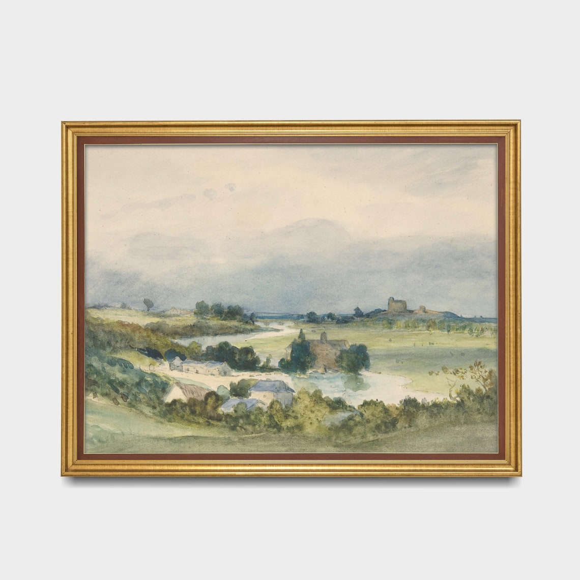 Watercolor River Valley with Distant Castle Ruins Antique Poster - Image 3