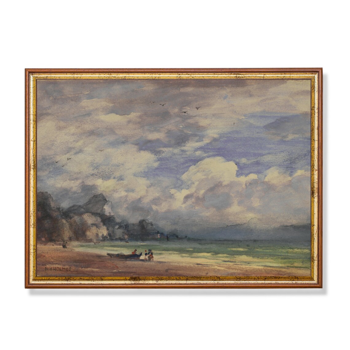 Stormy Beach Watercolor Seascape with Sailors and Boats Poster