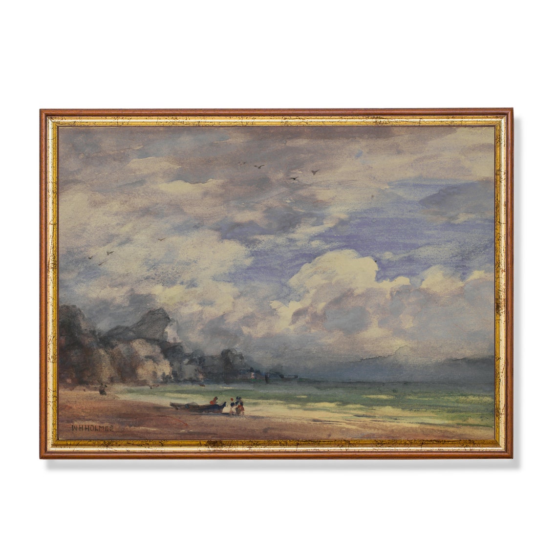 Vintage Seascape Painting Antique Ocean Beach Print Rustic Moody Coastal Decor Wall Art Fine Art