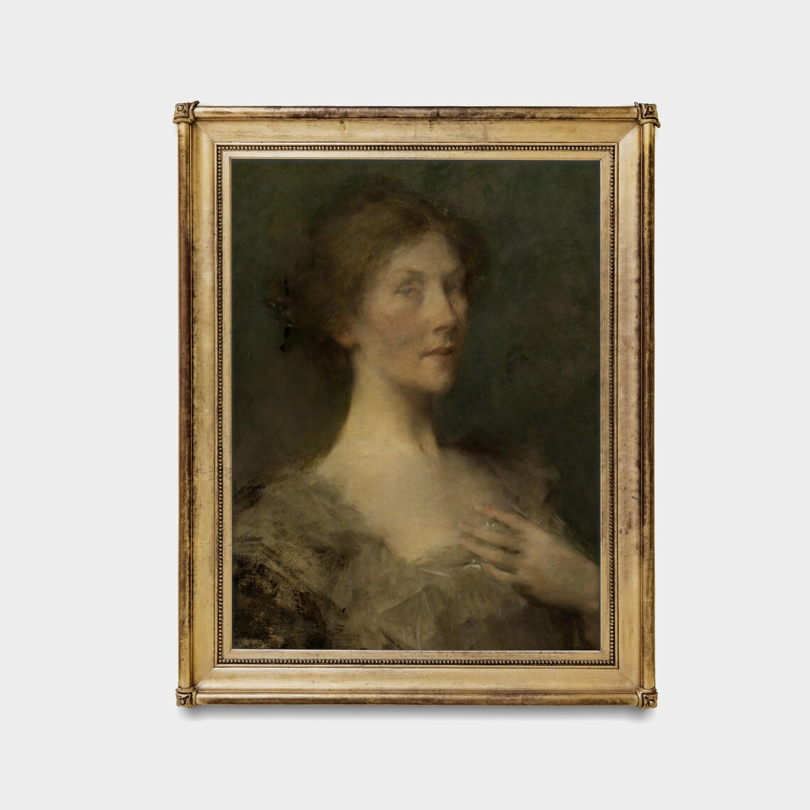 Moody Portrait of a Woman with Hand to Chest Antique Art Poster - Image 3