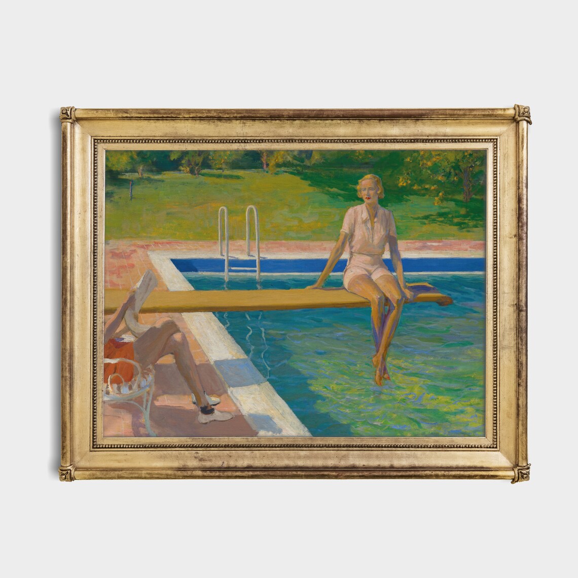 Vintage Painting Woman At Swimming Pool, Rustic Art Print - Image 2