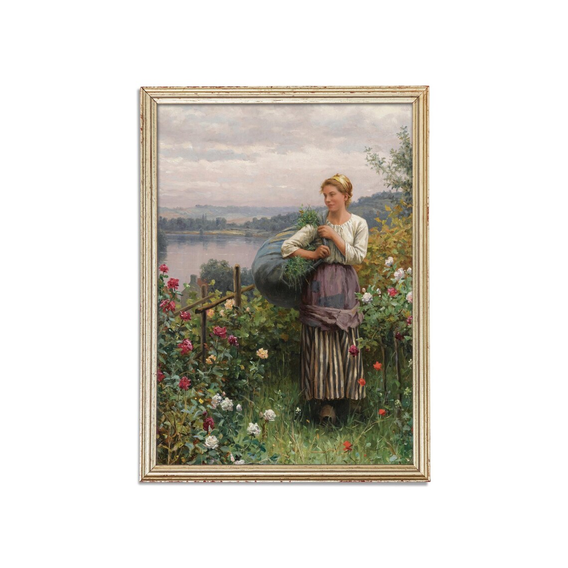 Young Woman Carrying Wildflowers in a Blooming Rose Garden Poster - Image 3