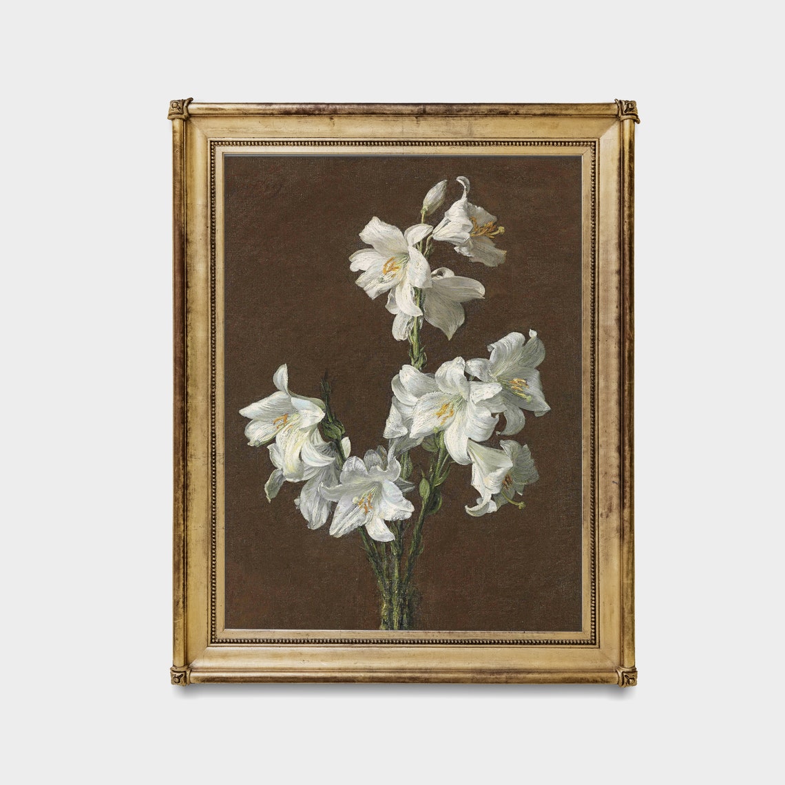 White Lilies on a Brown Ground Vintage Botanical Still Life Poster - Image 4
