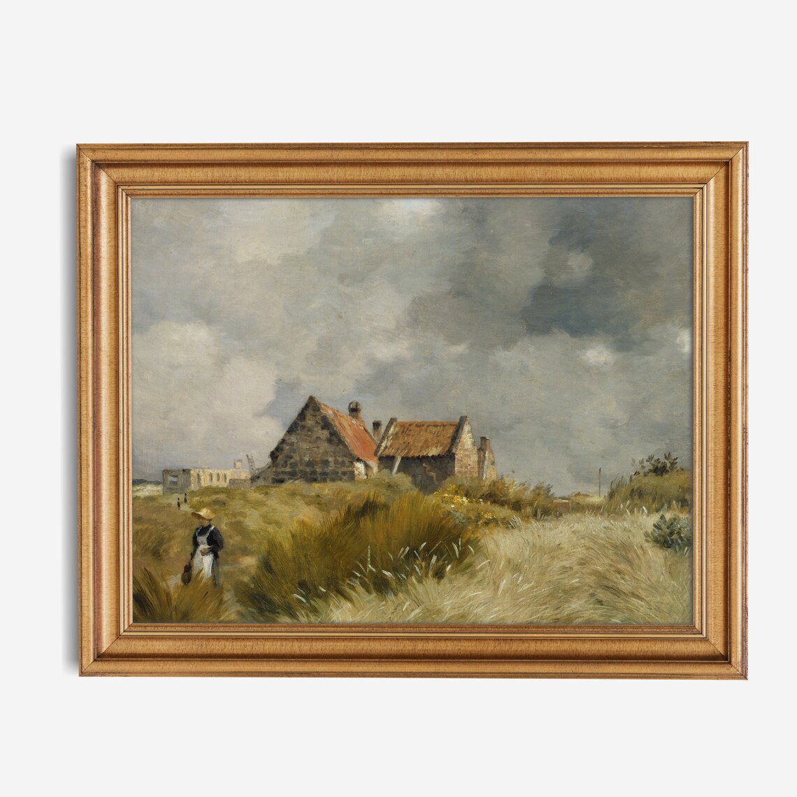 Stone Farmhouses among Windswept Dunes Rural Coastal Landscape Poster - Image 2