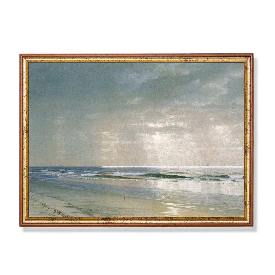 Tonalist Calm Beach at Dawn With Sunbeams Seascape Art Poster