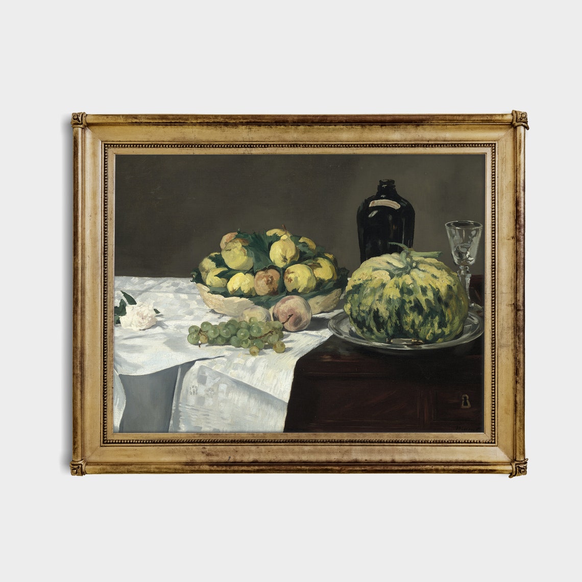 Melon Grapes and Pears Still Life on Table Antique Painting Poster - Image 3