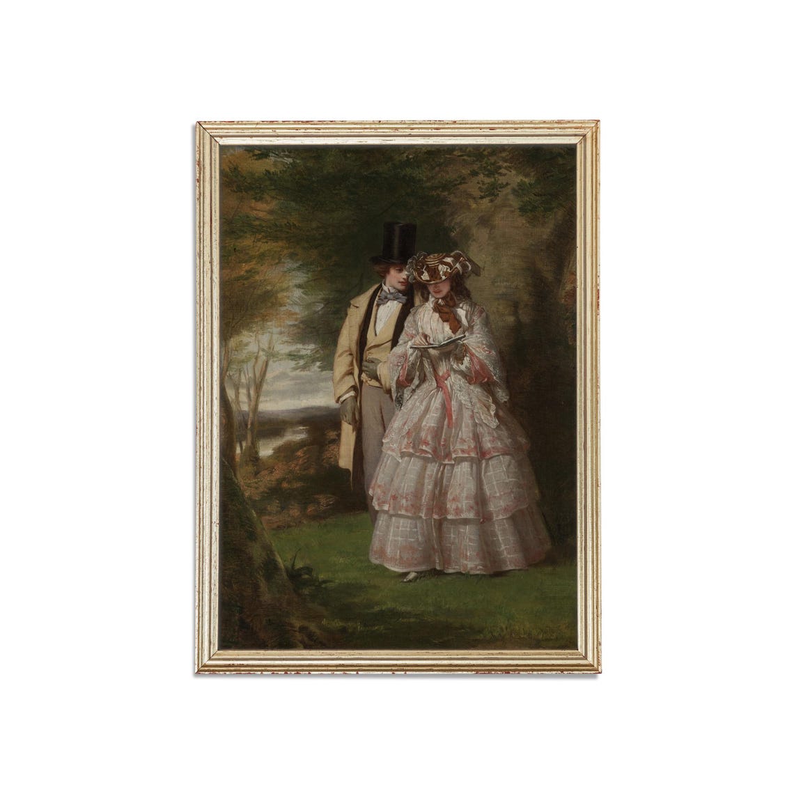 Victorian Couple Strolling in a Woodland Antique Romantic Scene Poster - Image 3