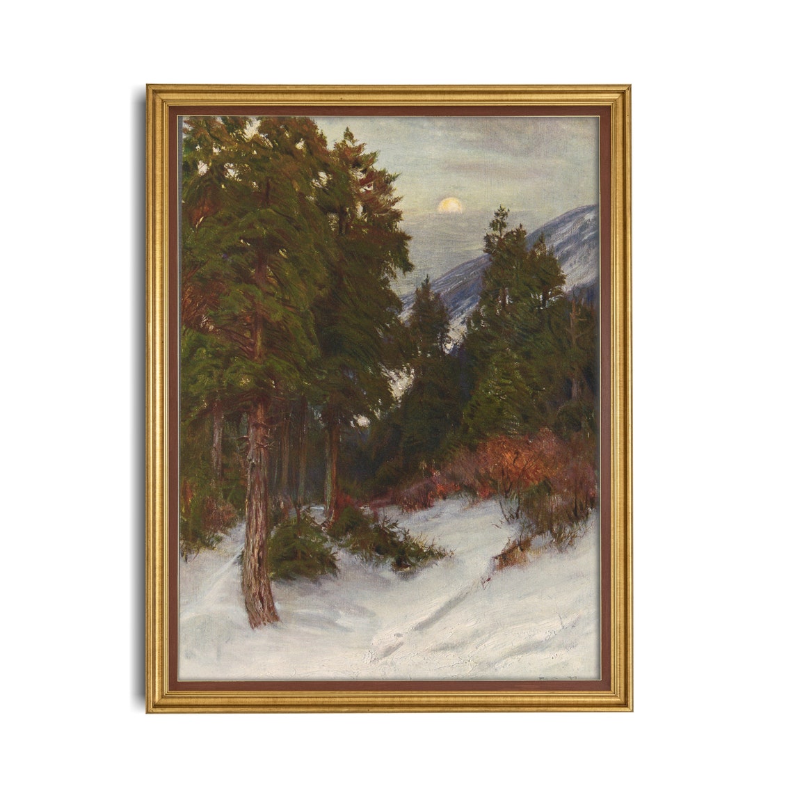 Pale Moonrise Over a Snowy Pine Forest at Blue Dusk Vintage Poster - Image 2
