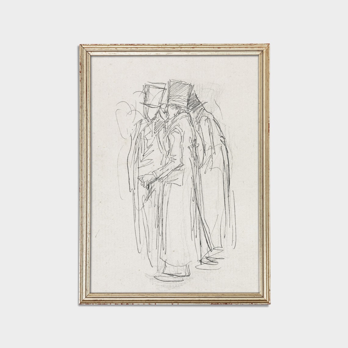 Gentlemen in Top Hats Strolling Vintage Ink Sketch Artwork Poster - Image 2