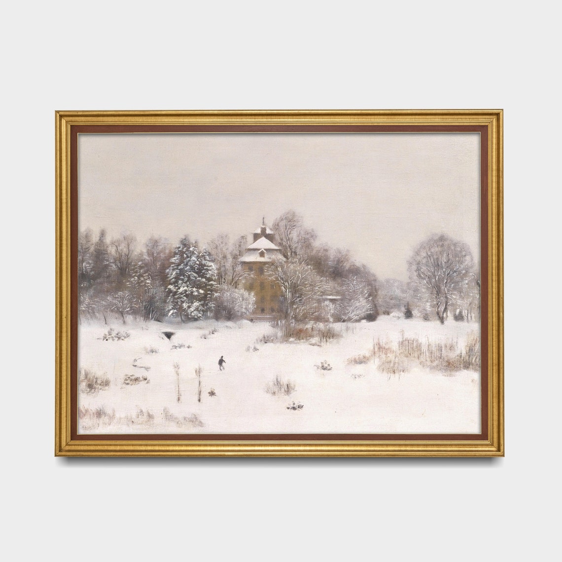 Snowy Manor House With a Tall Church Tower Behind Trees Poster - Image 3