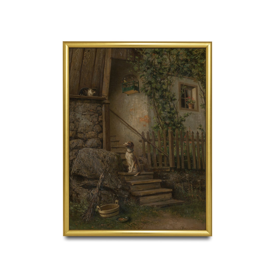 Dog and Cat on Rustic Cottage Steps Vintage Animal Painting Poster - Image 2