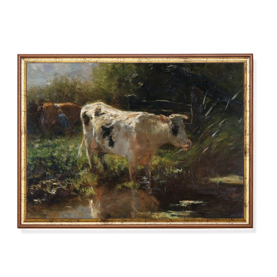 Printed And Shipped Cow Painting Moody Rustic Wall Decor Vintage Landscape Antique Animal Art Farmhouse Decor Physical Prints